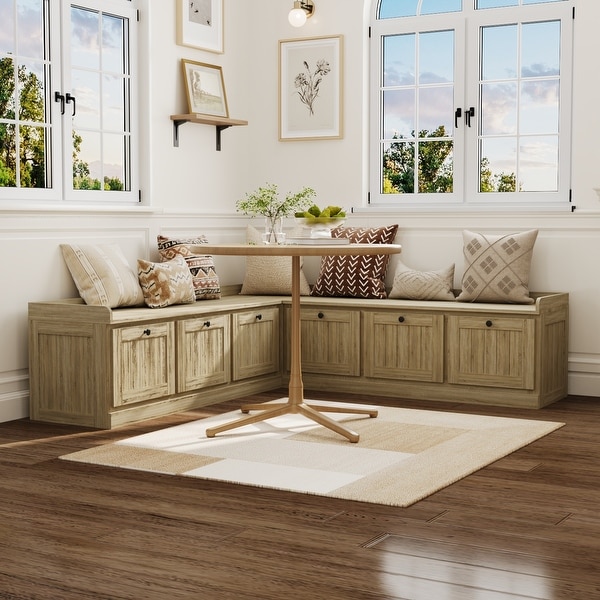 Oak L-Shaped Storage Bench Seat, Hidden Flip-Up Storage, Space