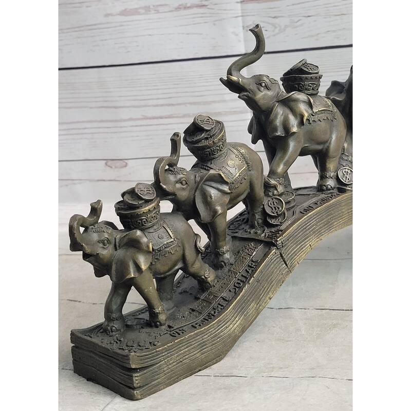 Elephants Crossing Bridge Carrying Money Fortune Lucky Bronze Sculpture Statue Art Decor