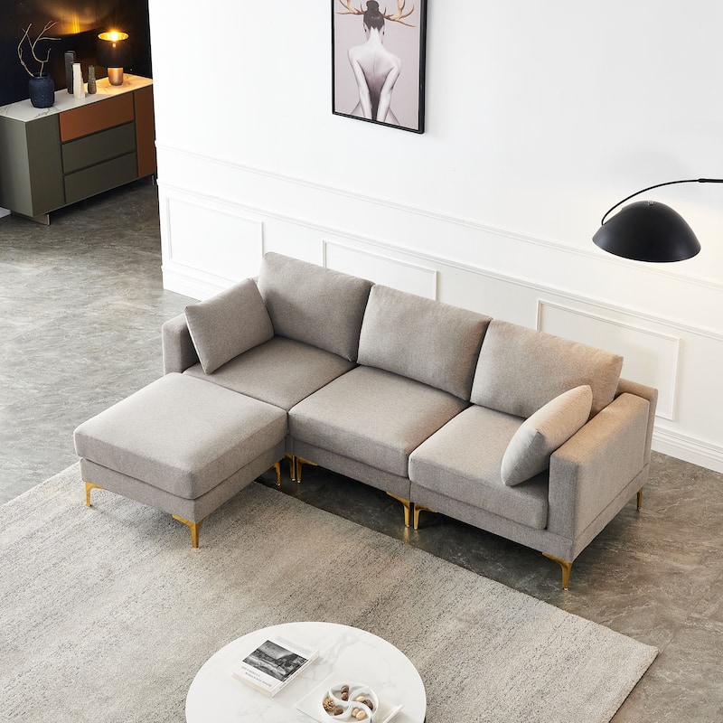 92'' Fabric L-Shape 3-Seater Sofa with Ottoman, Gold Metal Legs, and Toss Pillows