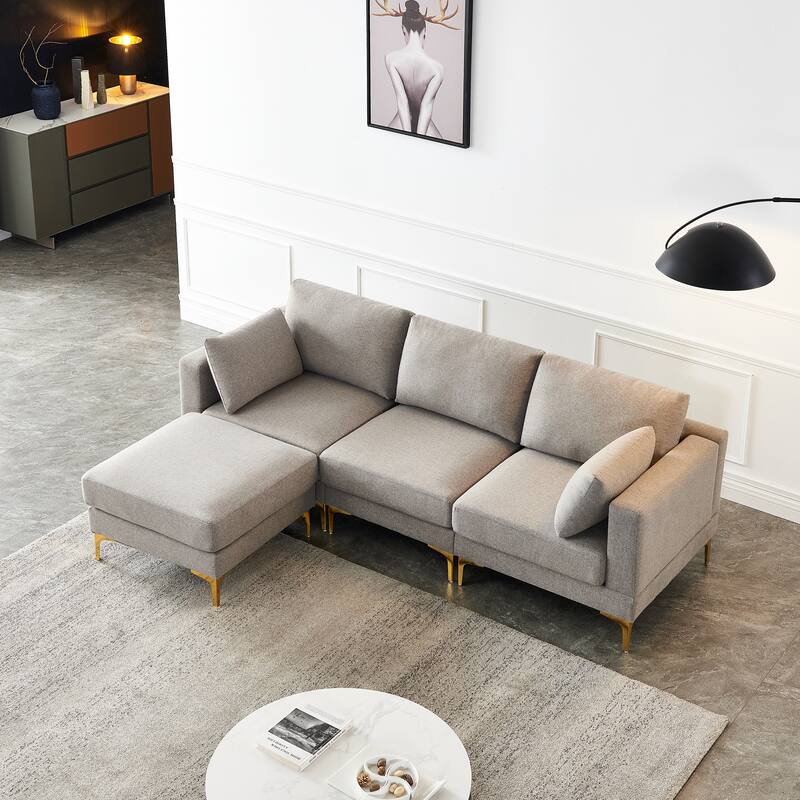 92'' Modern Turquoise L-Shaped 3 Seat Sofa with Ottoman, 2 Pillows, Gold Metal Legs, and Polyester Upholstery