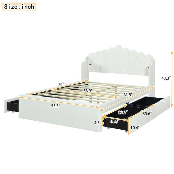 dimension image slide 0 of 2, Full Upholstered Platform Bed with Four Drawers & USB Ports - Modern Comfort