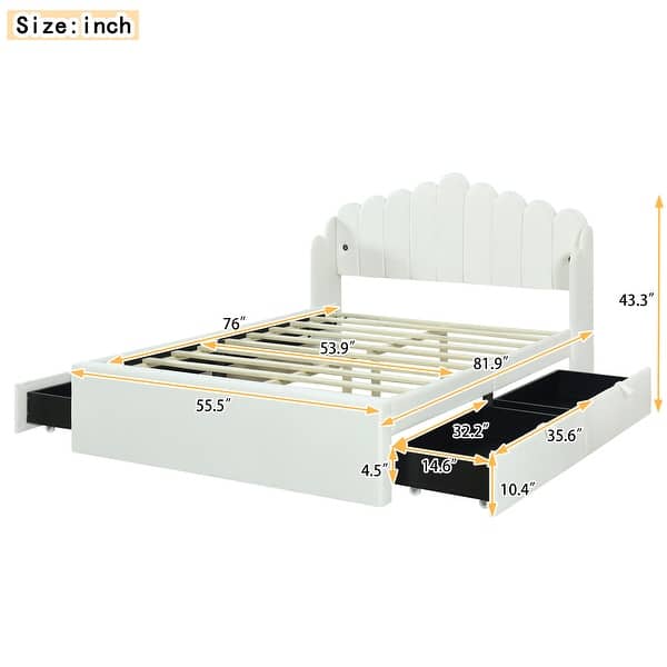 Pine Wooden Full Size Platform Bed Frame with 4 Storage Drawers, Upholstered Bed with 2 USB Design, Beige