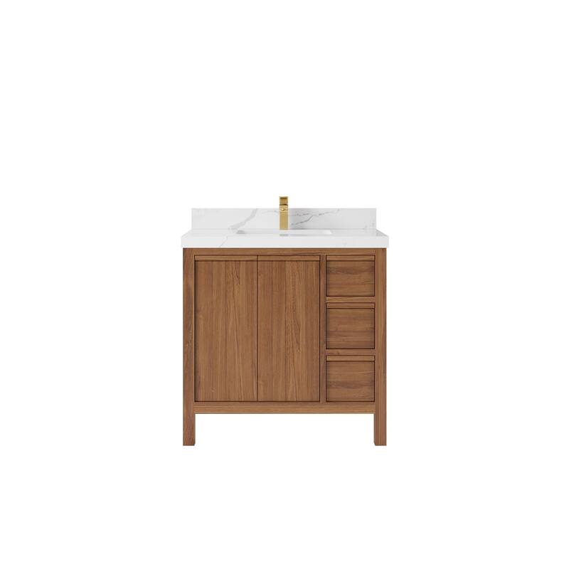 Willow Collections 36 in. W x 22 in. D Elizabeth Solid Teak Wood Center Sink Bathroom Vanity with Countertop - 2”Calacatta Laza - Dark Natural