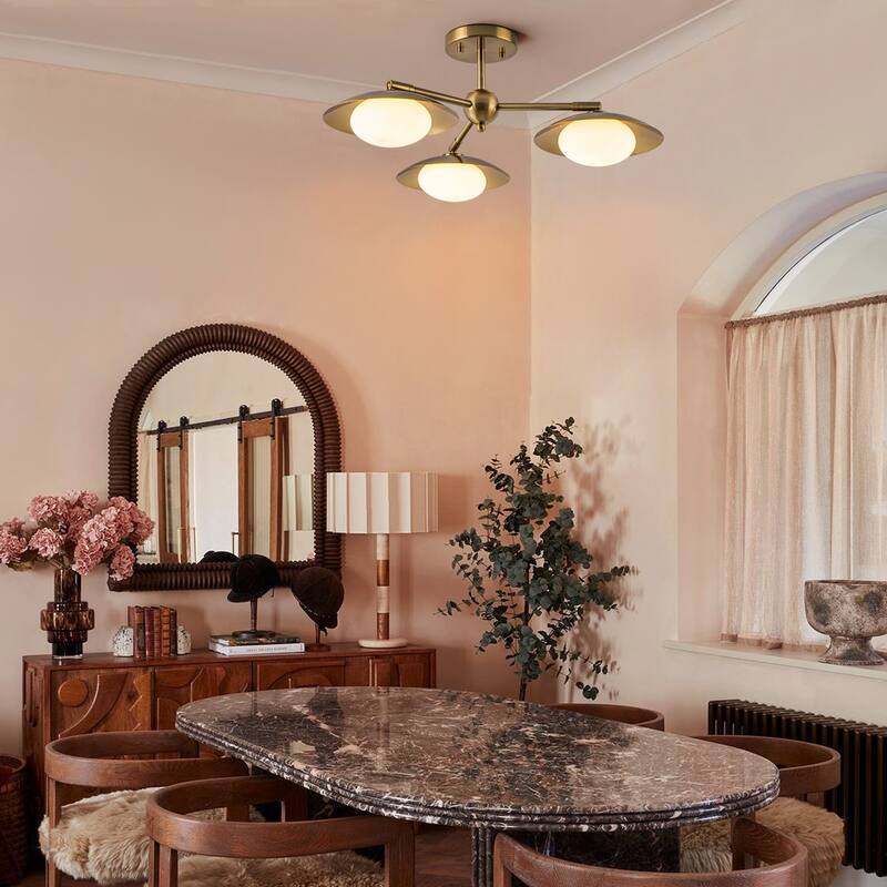 Modern Industrial 3-Light Sputnik Opal Glass Semi Flush Mount - Gold