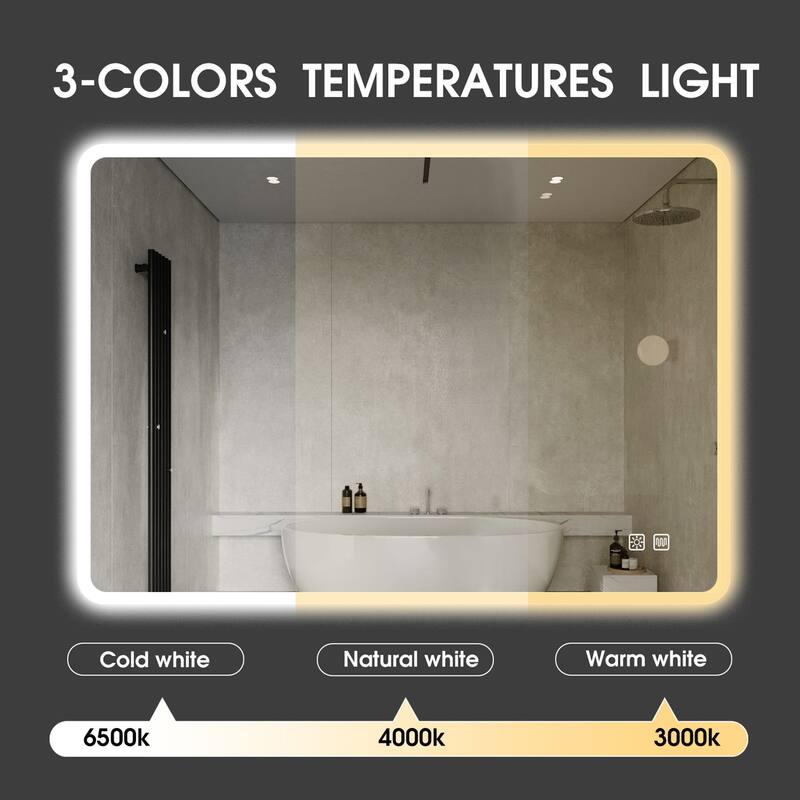 Rectangular Wall-Mounted Dimmable LED Bathroom Vanity Mirror with Defogger and Bluetooth Music Speaker