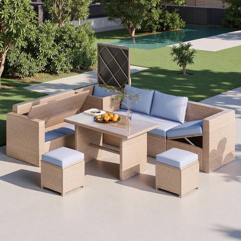 6-Piece Outdoor Rattan Modular Sectional Sofa Set with Adjustable Seat, Storage Box, and Dining Table - Natural