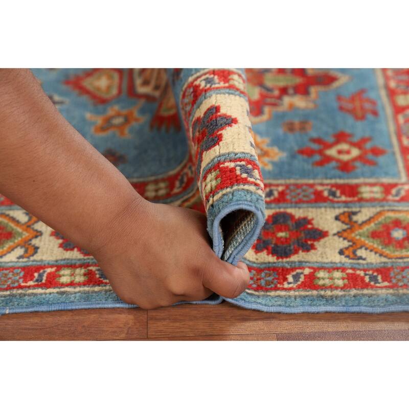Light Blue Geometric Kazak Rug Hand-Knotted Oriental Wool Carpet - 2'8" x 3'11"
