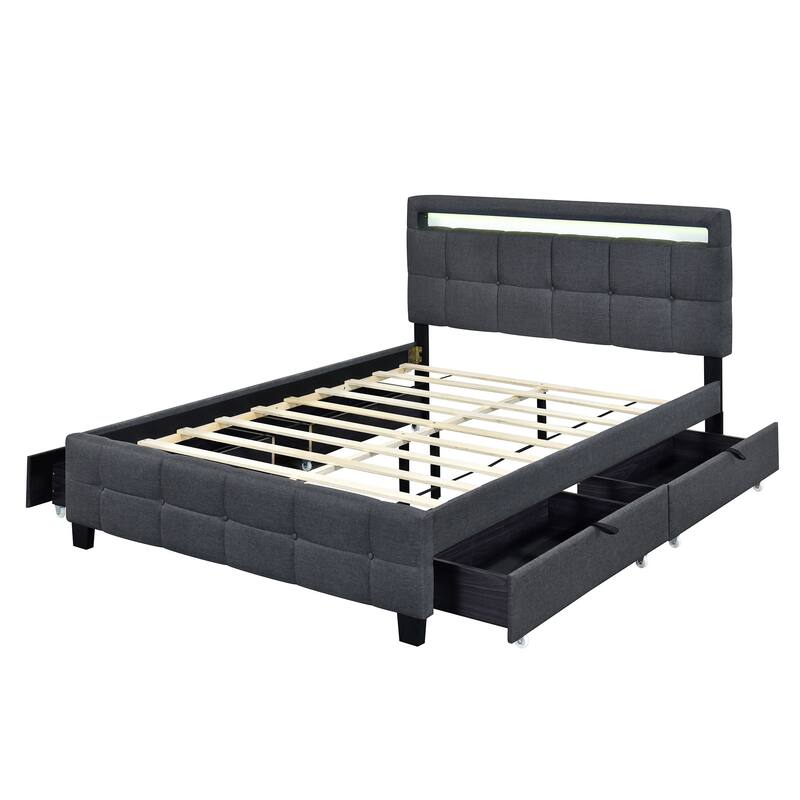 Linen Upholstered Platform Bed Frame with LED Light Headboard & 2 Drawers