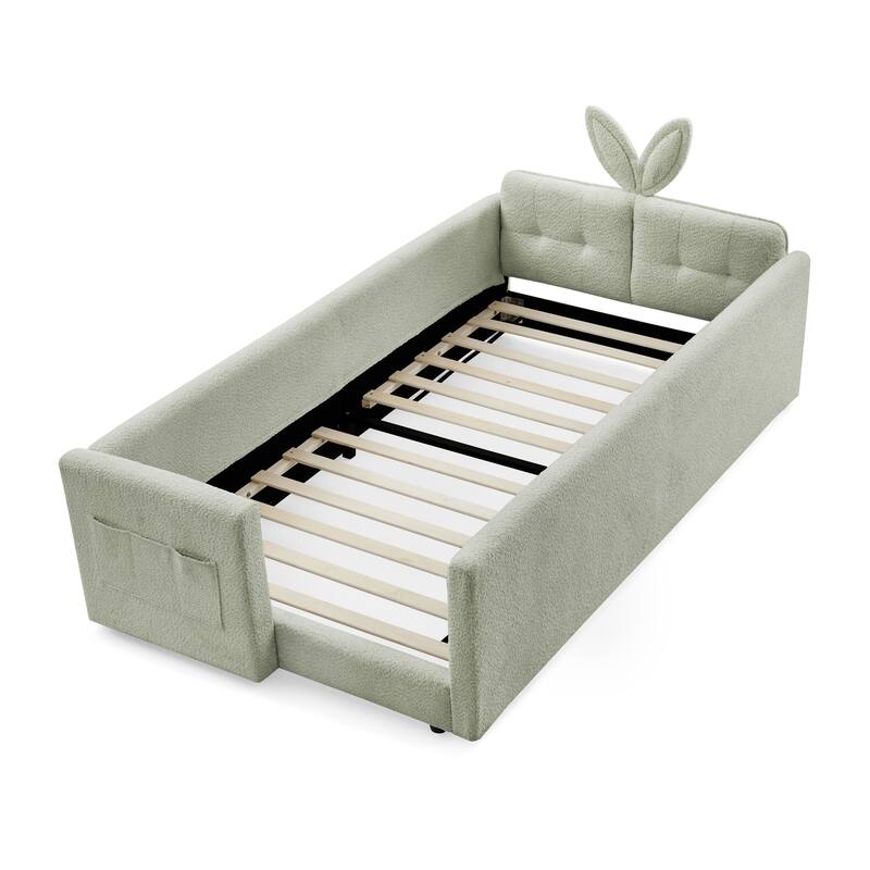 Roomfitters Twin Upholstered Platform Bed with Rabbit Ear Headboard, Safety Rail and Side Pocket, Boucle Fabric