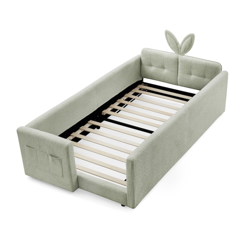 Twin Size Platform Bed Upholstered Bed with Safety Rail and Pocket, Kids Bed with RabbitEar, Skin-friendly Boucle Fabric