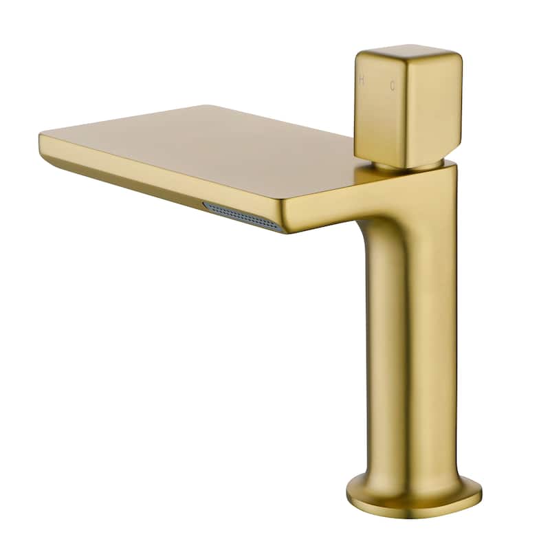 7.75"H Brass Waterfall Bathroom Sink Faucet, Vanity Single Handle One Hole Basin Modern Lavatory Faucet - Brushed Gold