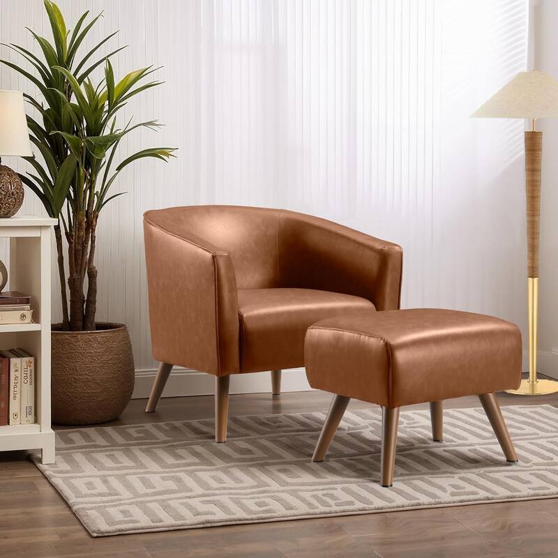 Accent Chair with Ottoman,Modern Barrel Chair and Footrest,Mid Century Living Room Chairs,Upholstered Armchair - Brown