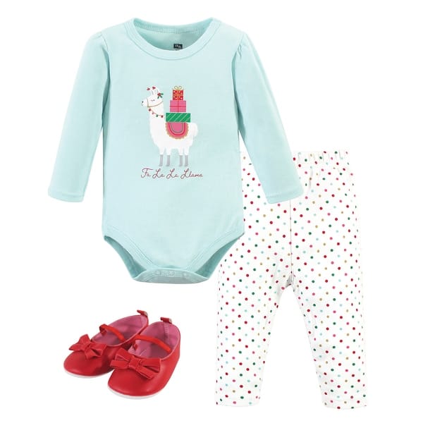 slide 1 of 1, Hudson Baby Infant Girl Cotton Bodysuit, Pant and Shoe 3pc Set, Fa La Llama 0-3 Months - Fa La Llama
