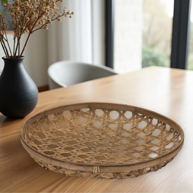 HomeRoots 22" Brown Bamboo Weave Round Wood Tray - Brown