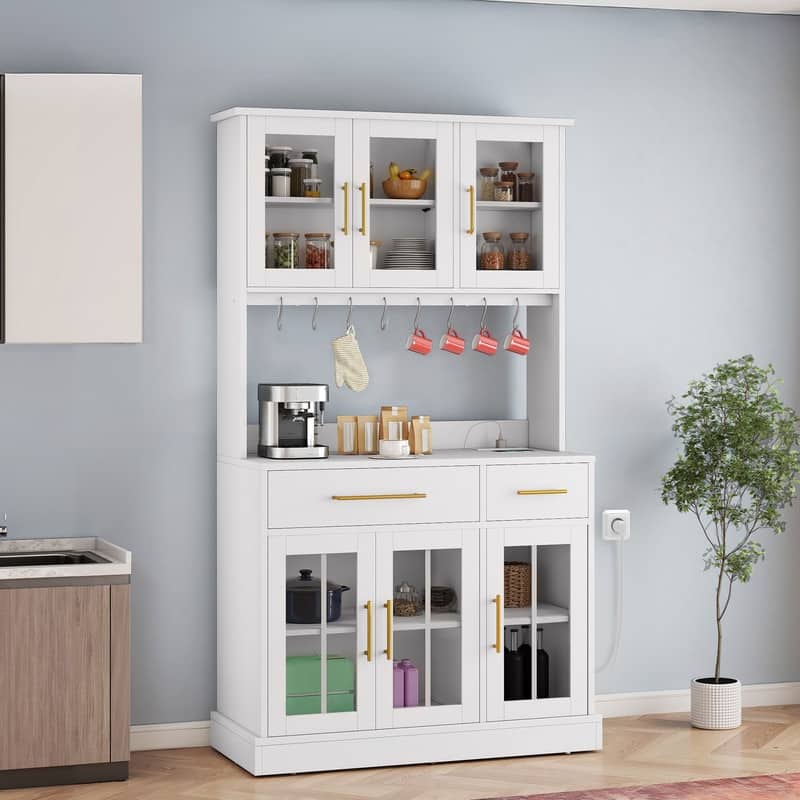 71" Tall Kitchen Pantry Hutch Storage Cabinet with Power Outlet,Freestanding Cupboard Storage Buffet with Drawers & Glass Doors