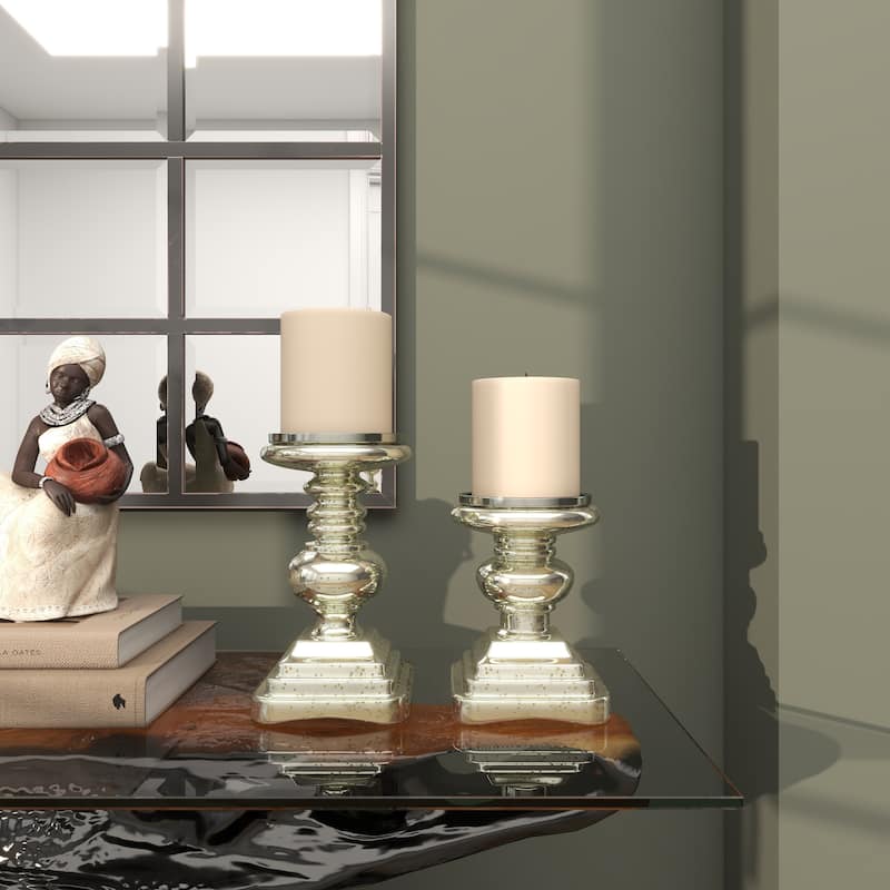 Silver or Clear Glass Handmade Turned Style Pillar Candle Holder (Set of 2)
