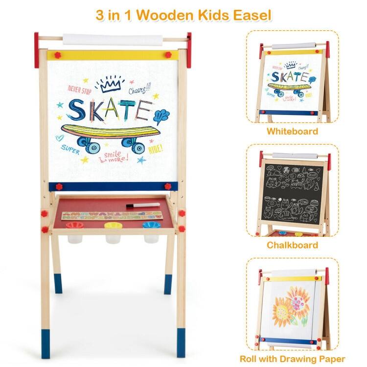 All-in-One Wooden Height Adjustable Kid's Art Easel with Magnetic Stickers and Paper - 23.5" x 21.5" x 44"/46.5"/49" (L x W x H)