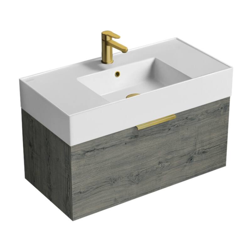 Nameeks Derin-3217-W-S Derin 32" Wall Mounted Single Basin Vanity Set - Grey Oak / Matte Gold