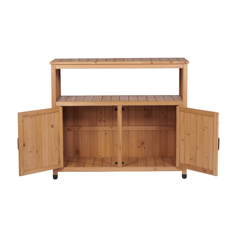 Outdoor Patio Storage Cabinet with Slatted Cedar, Wooden Patio Bar Table, Buffet Cabinet Sideboard Console Table