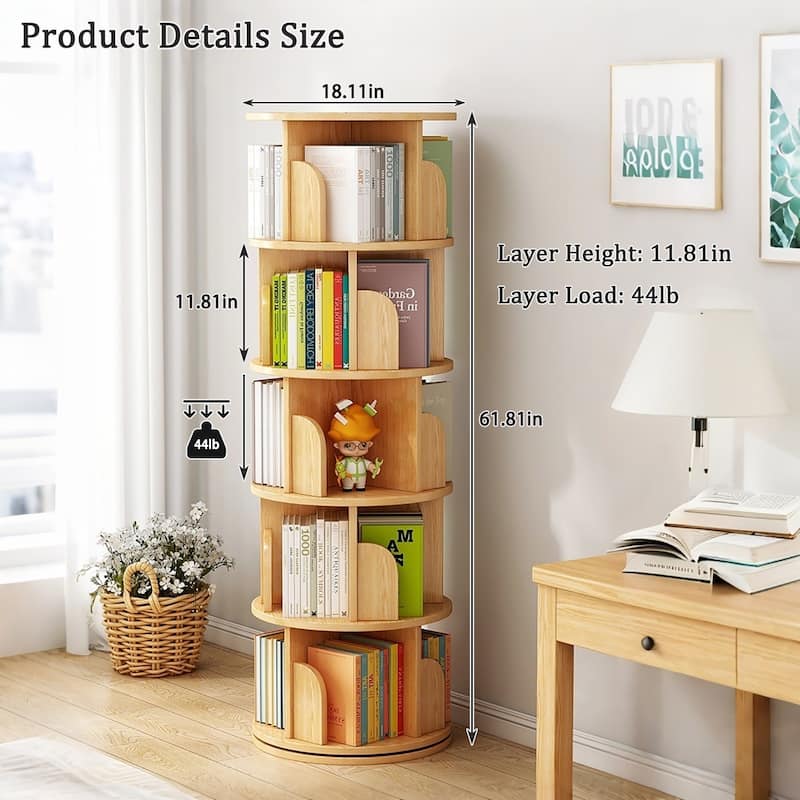 GDF Studio -Purling Modern 5-Tier Wood Rotating Bookshelf with 360-Degree Space-Saving Design