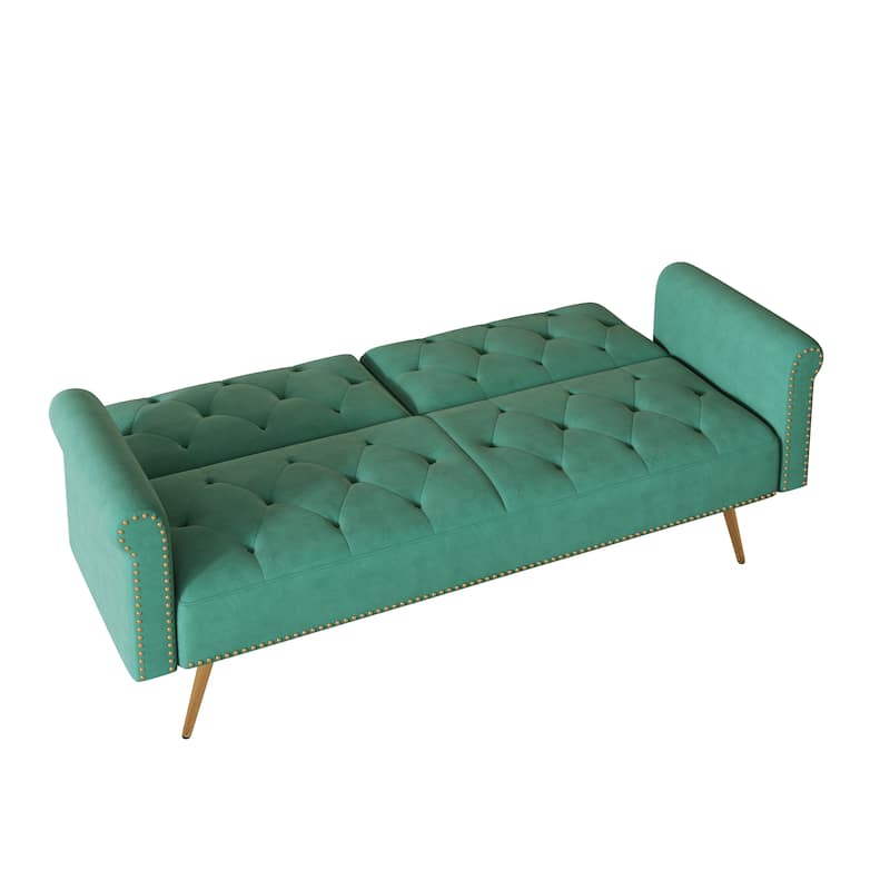 A 69.7-Inch-Long Sofa Bed Covered In Velvet Fabric, Featuring Nail Head Trim And Accompanied By A Matching Throw Pillow