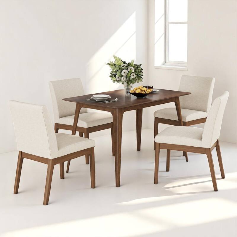 5-Piece Dining Table Set with Faux Wood Top Table and Upholstered Rubberwood Chairs, Modern Style