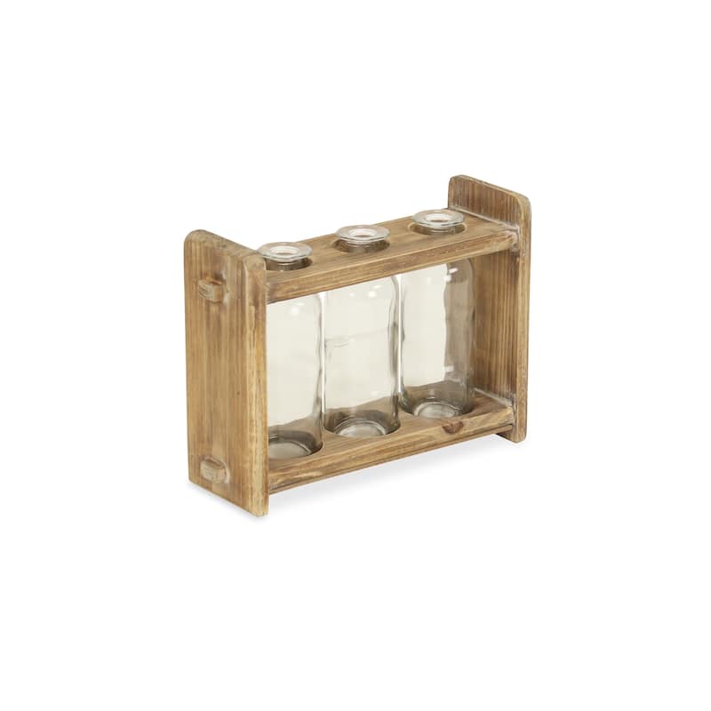 7" Set of Three Glass Jars in a Wood Rack - 10.75 x 3.25 x 7.25