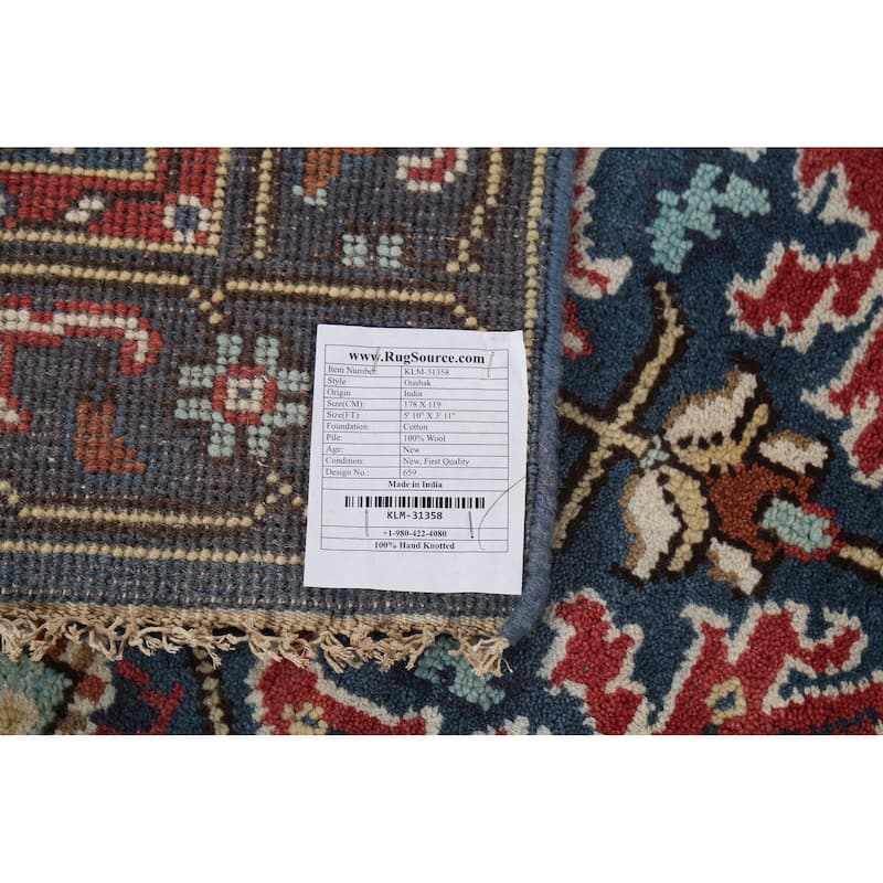Blue Geometric Oushak Indian Area Rug Handmade Wool Carpet - 3'11"x 5'10"