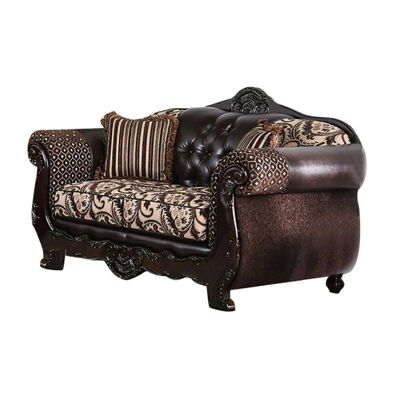 Chenille and Leatherette Loveseat with Pillows in Light Brown