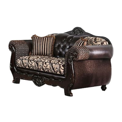 Chenille and Leatherette Loveseat with Pillows in Light Brown