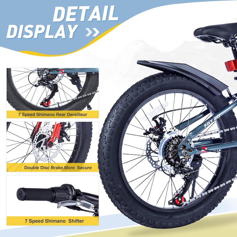 Kids' Fat Tire Bike - Dual-Disc Brake, Shimano 7-Speed, Beach/Snow Bicycle, Unisex - 20
