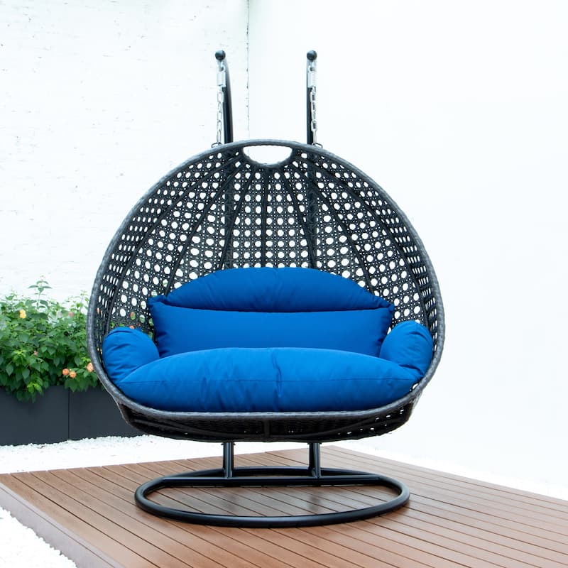LeisureMod 2-Person Hanging Egg Swing Chair with Metal Stand - Handcrafted Charcoal Wicker, Patio Hammock Lounger with Cushions