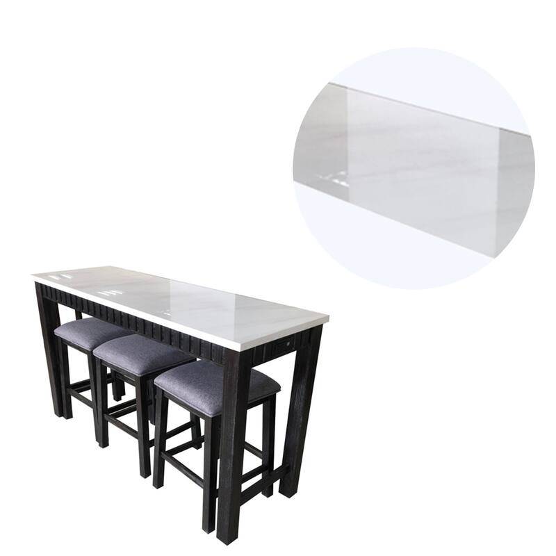 4 Piece Marble Top Table and Stool Set, White and Brown