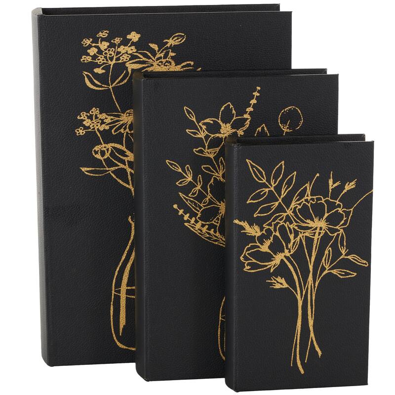 Black Faux Leather Faux Book Storage Floral Decorative Box with Gold Accents (Set of 3)