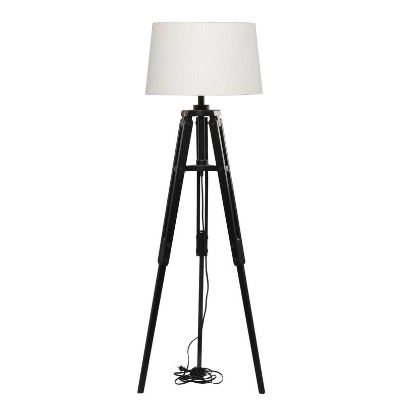 Wood Tripod Room Floor Lamp with Cream Linen Shade - Black - Roche River Decor