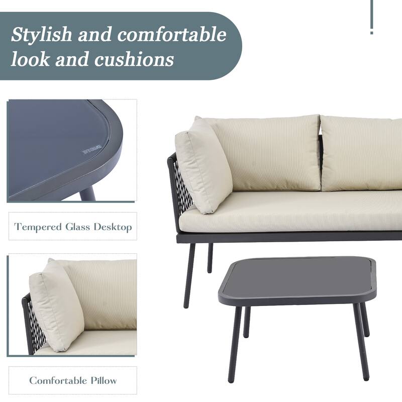 Modern Outdoor 3-Piece PE Rattan Sectional Sofa Set with Cushions and Glass Table