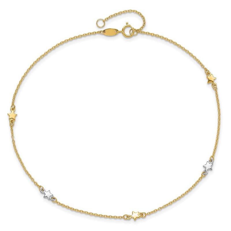 14k Two tone Gold 10+1" Polished 4mm Star Anklet (Spring-ring)