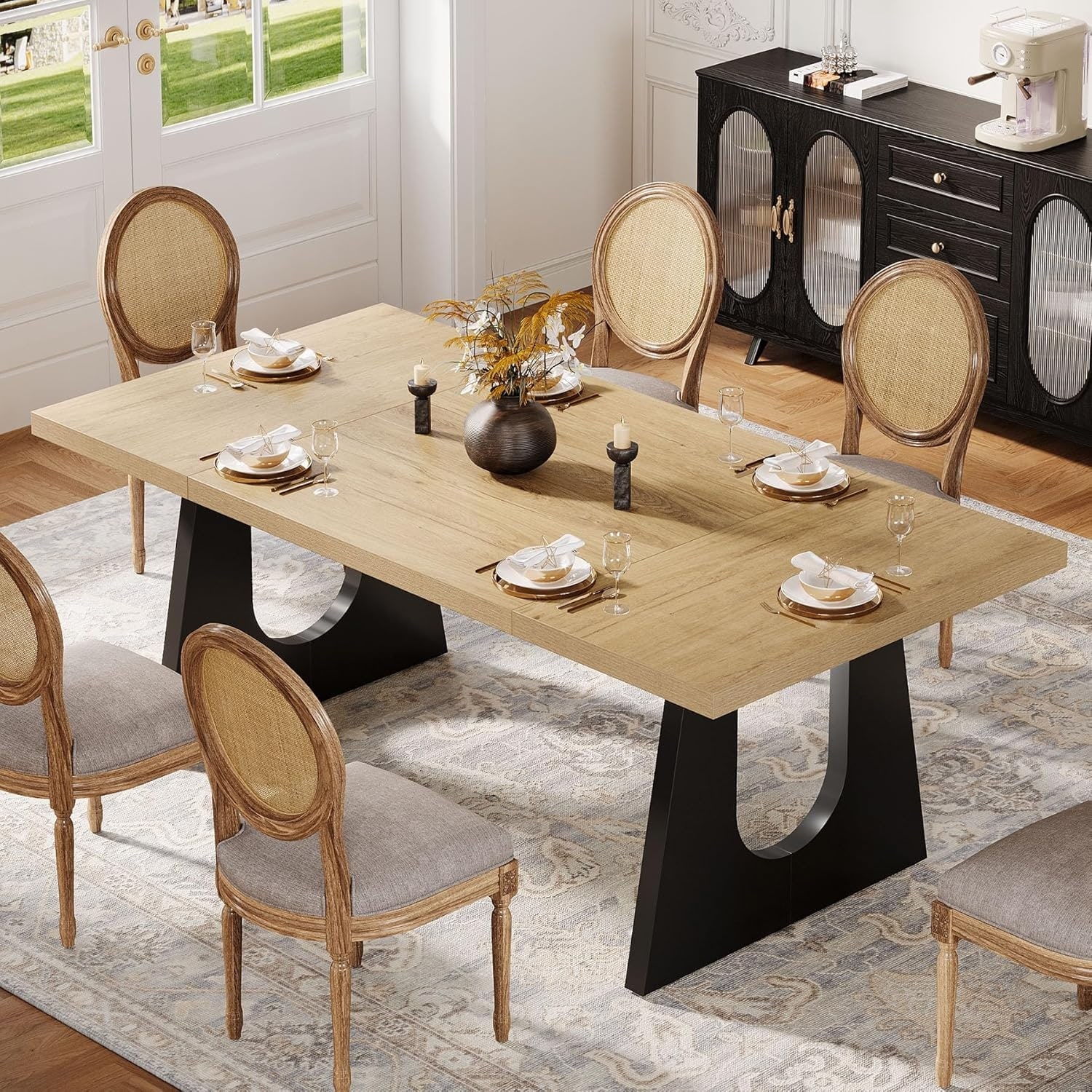 71" Farmhouse Oak and Black Dining Table Rectangular with Solid Wood Legs