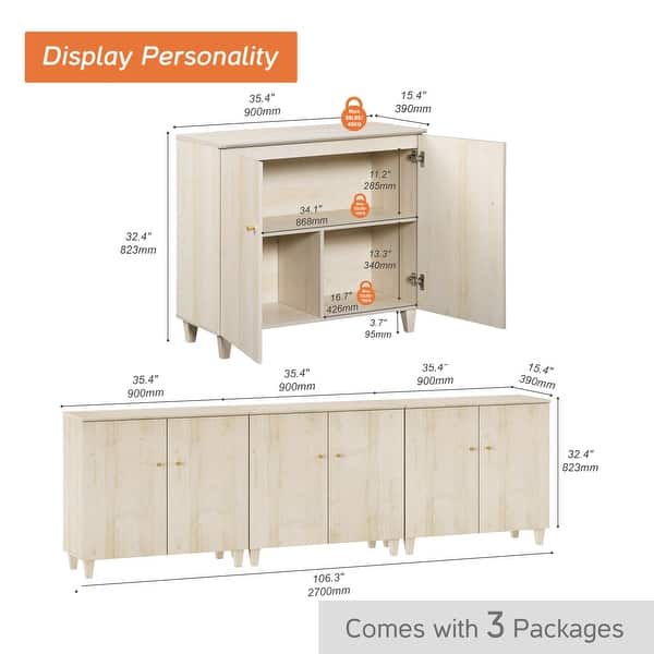 dimension image slide 0 of 9, Buffet Cabinet with 3 Compartments for Dining Room, 32.4"H Sideboard