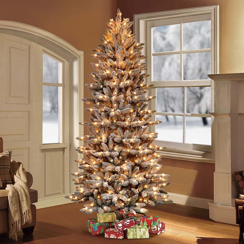 Puleo International 9' Pre-Lit Slim Flocked Fraser Fir Artificial Christmas Tree - 9