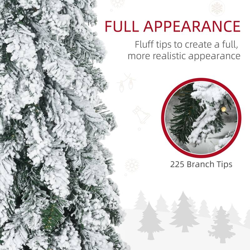HOMCOM 4ft Tall Prelit Pencil Artificial Christmas Tree Holiday Décor with 225 Snow Flocked Branches, Downswept Shape - 3.93 ft