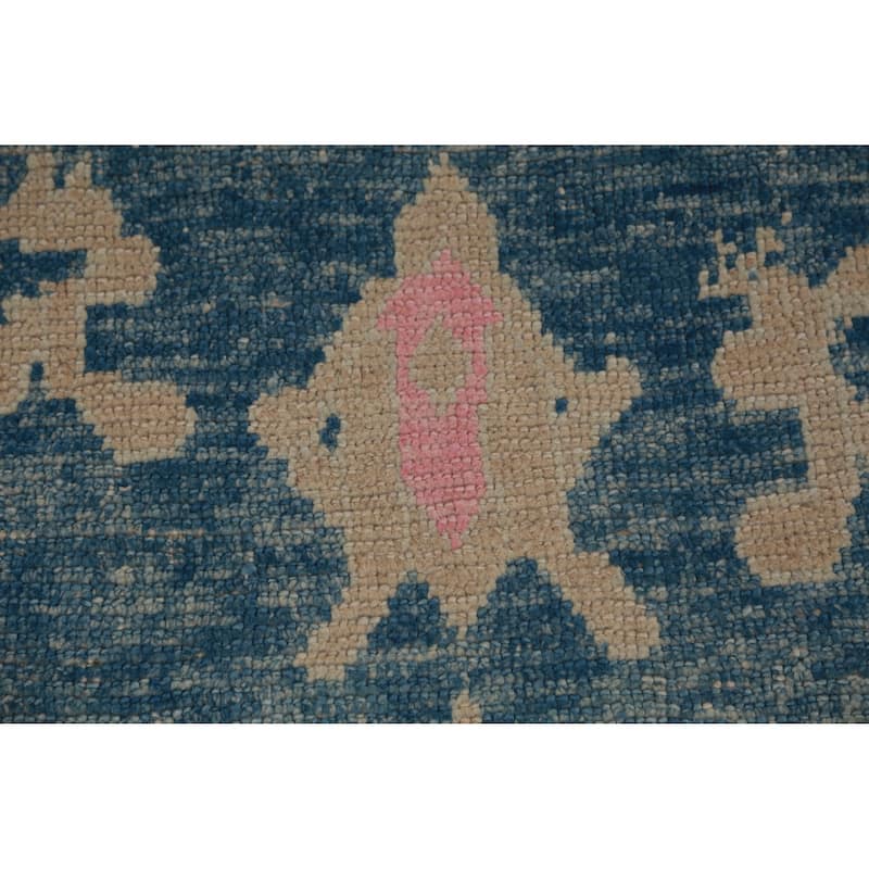 Hand Knotted Oriental 100% Wool Carpet Transitional Geometric Navy Blue & Blues Oushak Runner Rug - 9' 4'' X 3' 0''