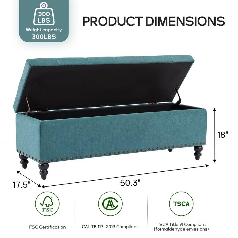 Button-Tufted Storage Bench for Bedroom 50.3"W x 17.5"D x 18"H Bottom rivets design