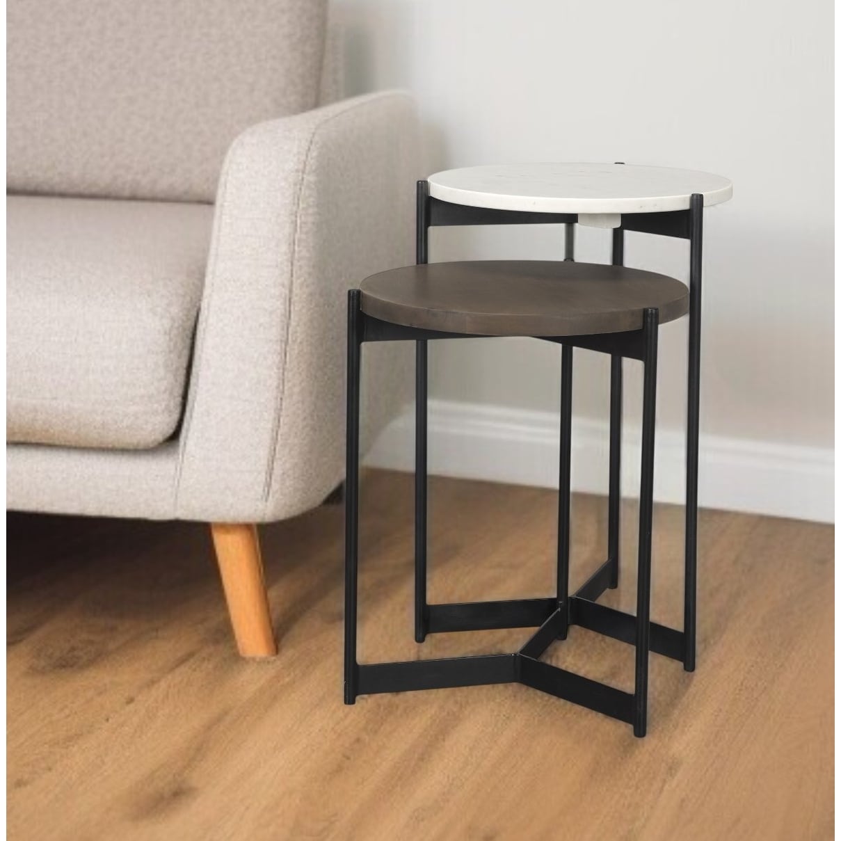 HomeRoots Set of Two Dark Brown and Black Marble Solid Wood and Metal Round Nested Tables - 16.00 in. x 24.00 in. x 16.00 in.