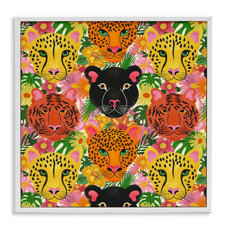 Stupell Jungle Cats Wildlife Pattern Framed Giclee Art Design By Carrie Cantwell - 12 x 12 - White