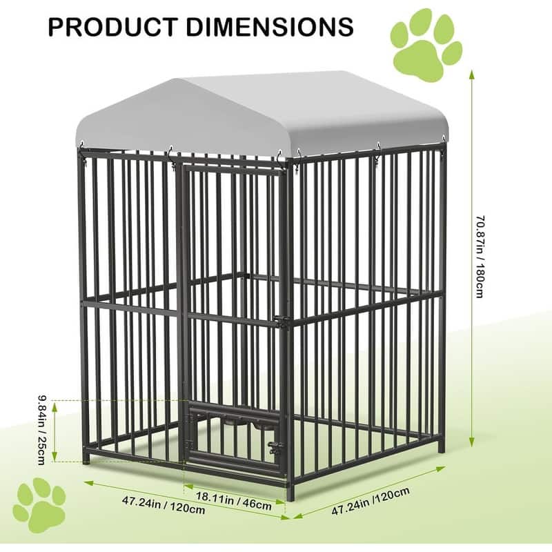 Dog Cage Kennel with Rotating Feeding Bowl Waterproof Roof Cover