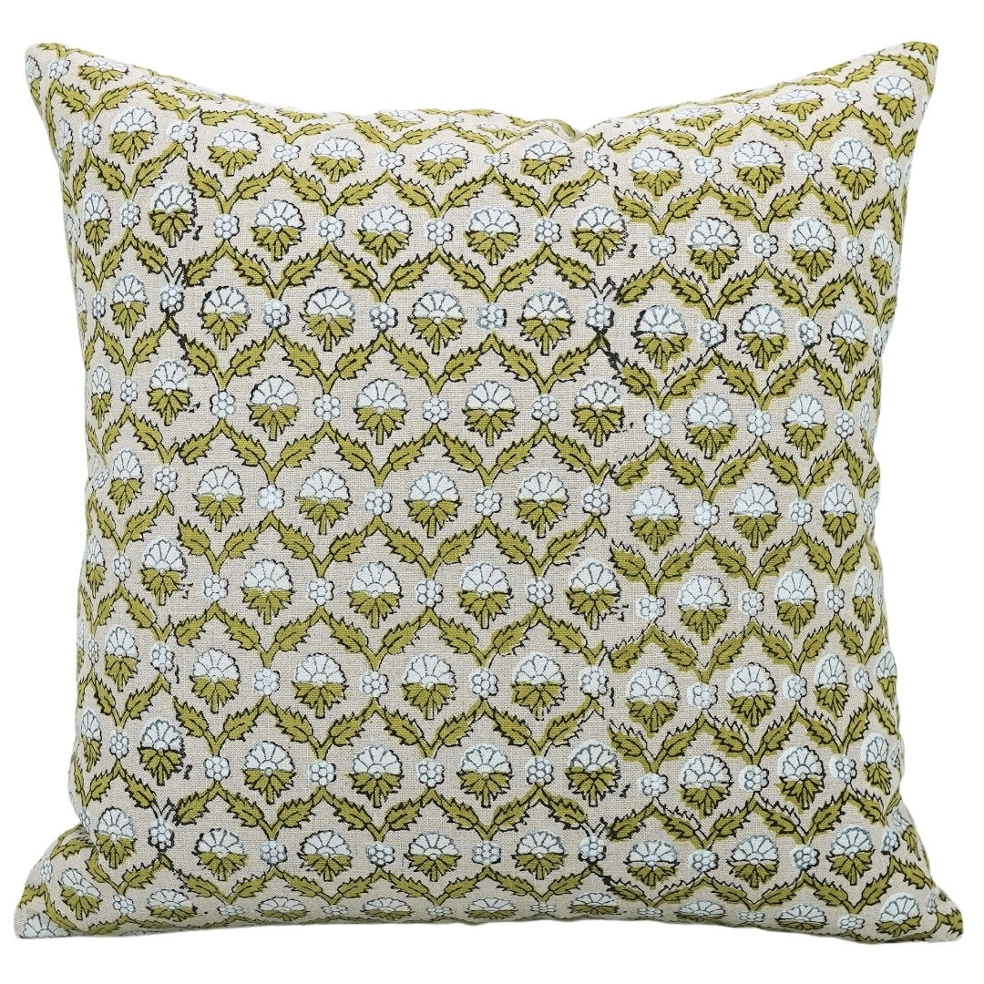 Fabdivine Linen Floral Handmade Green Vintage Block Print Pillow Cover, Shehnaaz