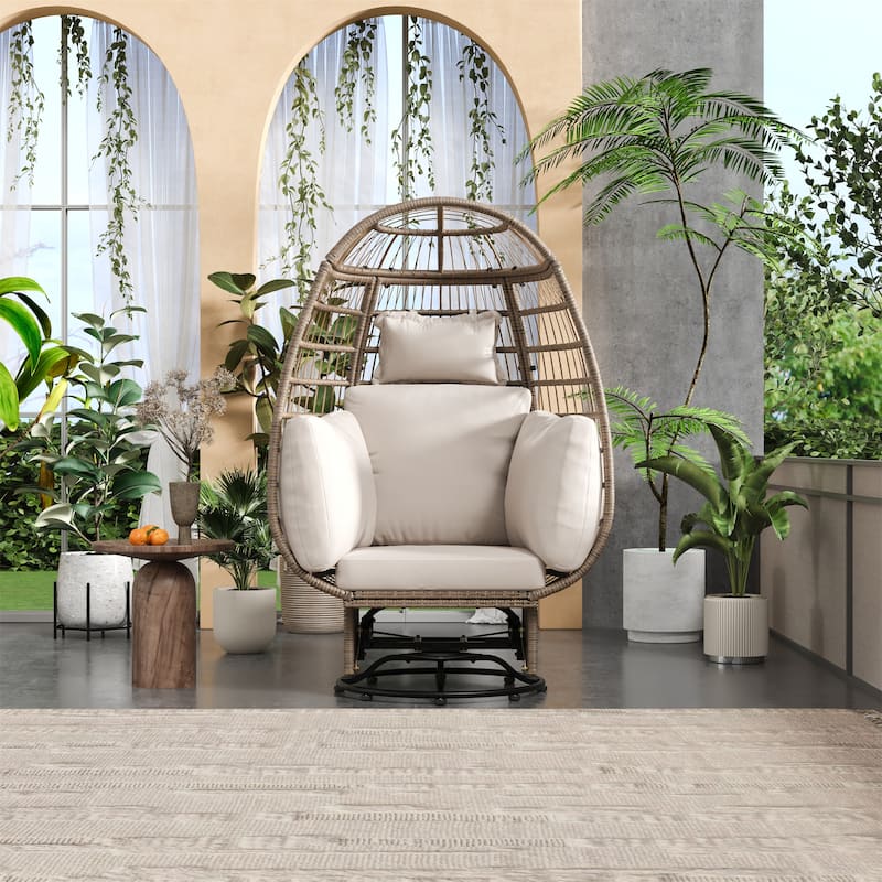 Outdoor Rattan Egg Swivel Chair with Cushions, Rattan Patio Rocking Chair - Beige