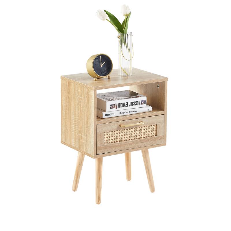 Anmytek Mid Century Nightstand Rattan Natural Bedside Table with Drawer and Solid Wood Legs