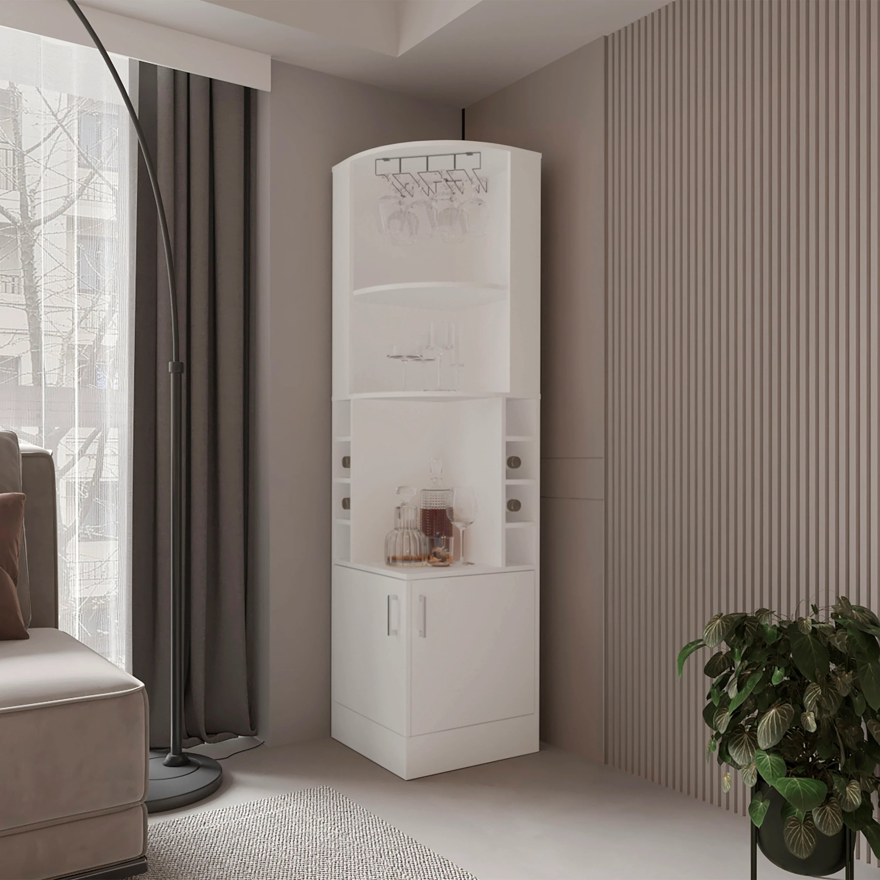Modern Freestanding White Corner Bar Cabinet with Wine Storage and Glass Rack